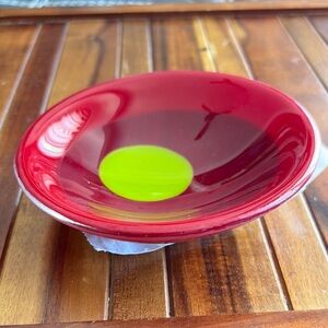 Fused Glass Red Bowl with Green Center. Thick. O Ring “stand”